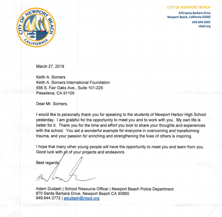 letter from Newport Beach High School